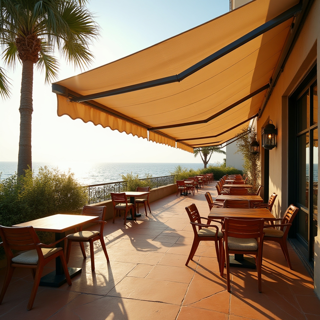 Copertină extinsă deasupra terasei unui restaurant pe litoral