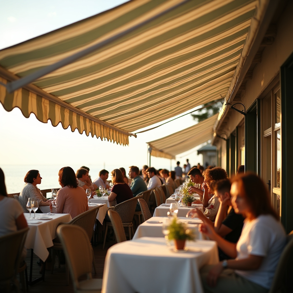 Terasă de restaurant cu copertină extinsă și clienți la mese